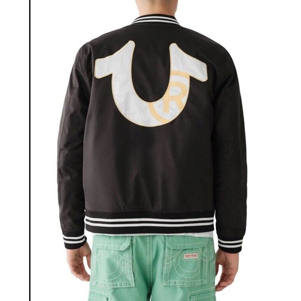 True Religion Jacket Mens 2XL Button Snap Satin Bomber Black Horseshoe Logo